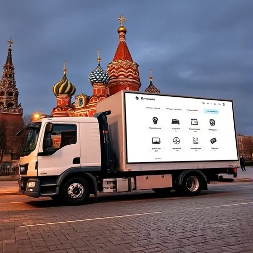 эвакуатор москвы официальный сайт A modern tow truck parked in front of a recognizable Moscow landmark, with a large digital screen on its side displaying a generic website interface (icons, navigation menu) but no text or lettering.
