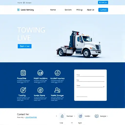 A clean, modern website interface for a towing service, featuring a header with a logo placeholder, a navigation bar with icons for Home, Services, Pricing, Contact, FAQ, About Us, and Book a Tow. The hero section shows a towing truck in action, with a call‑to‑action button. Below, service icons for roadside assistance, accident recovery, towing, and vehicle storage. A contact form with input fields and a submit button. The footer contains social media icons and quick links. The design is minimalistic, using a blue and white color palette, subtle shadows, and a responsive layout.