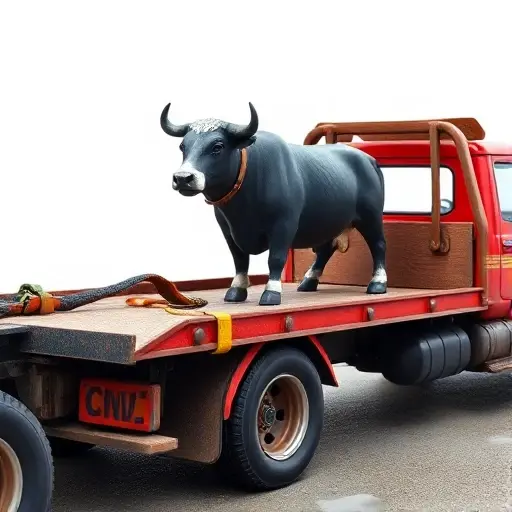 A tow truck with a small bull figure, showing necessary equipment such as straps and traverses, depicted in a realistic, detailed style without any text or lettering.