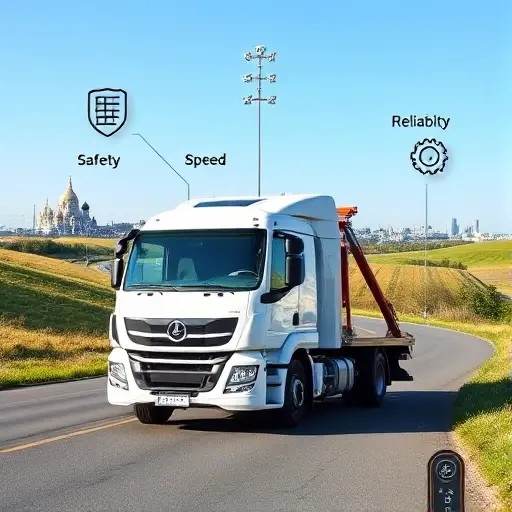 A modern tow truck (evacuator) parked on a suburban road with a gentle rolling landscape typical of the Moscow region, featuring a distant view of Moscow's skyline with recognizable domes and towers. Around the truck, subtle visual icons represent criteria for choosing a tow service: a shield for safety, a clock for speed, a gear for reliability, and a simple price tag shape for cost, all without any text. The scene is bright, clear, and realistic, focusing on the vehicle and environment.