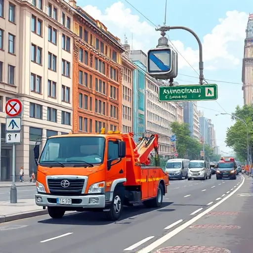 Эвакуатор Москва, Авиамоторная: Полное руководство A realistic illustration of a tow truck on a busy Moscow street near Aviamotornaia, showing the vehicle parked beside a lane with city buildings, traffic signs, and a clear sky, focusing on the urban environment and the tow truck without any text or logos.