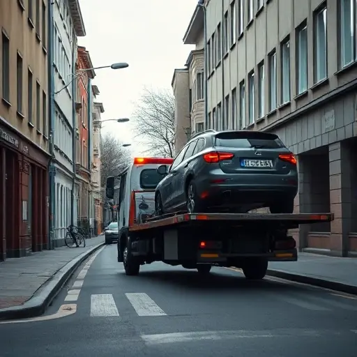 Эвакуатор в 3-м Павловском переулке: Полное руководство A tow truck with a flatbed lifting a car on a narrow urban street called Pavlovsky Lane, surrounded by low-rise buildings, street lamps, and a quiet atmosphere, realistic lighting and composition, smallHQ style