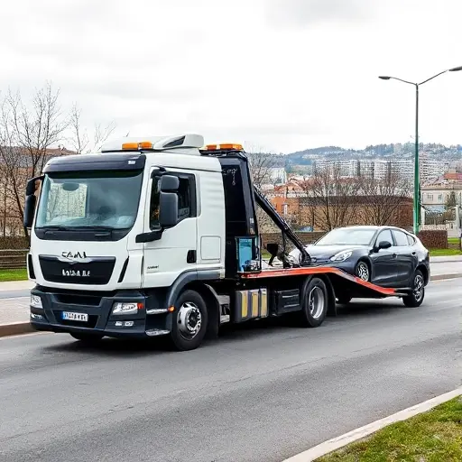 A modern tow truck parked on a street in Sloboda, with a recognizable cityscape in the background and a car being towed by a friendly driver, all depicted in a realistic style without any text, letters, or digits