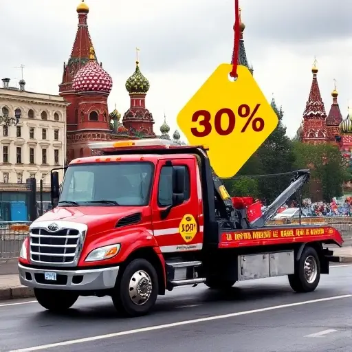 вызов эвакуатора москва недорого A tow truck parked near a recognizable Moscow landmark such as the Kremlin or St. Basil's Cathedral, with a bright yellow or red discount tag icon hanging from the truck to suggest affordability, no text or numbers, in a realistic style.
