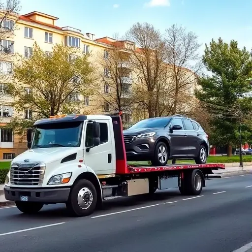 A realistic scene of a tow truck in Kuntsevo, Moscow, pulling a car onto a flatbed on a city street. The background shows typical Moscow residential buildings and trees, with a clear sky. The focus is on the tow truck and the vehicle being evacuated, emphasizing the service of car removal.