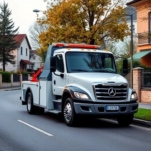 A realistic scene of a modern tow truck parked on a quiet street in Istra, with surrounding suburban houses and trees, a subtle hint of a road sign indicating a service area, soft natural lighting, and a calm atmosphere conveying assistance and reliability