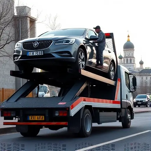 A realistic scene of a tow truck that has just arrived at a roadside in Moscow, gently lifting a small sedan onto its platform. The background shows typical Moscow cityscape with muted gray stone buildings, a hint of the Kremlin dome in the distance, and a few leafless trees. The driver, wearing a neutral uniform, is securing the vehicle with straps. The atmosphere is calm and professional, with soft daylight and subtle shadows. No text, logos, or signage are visible.