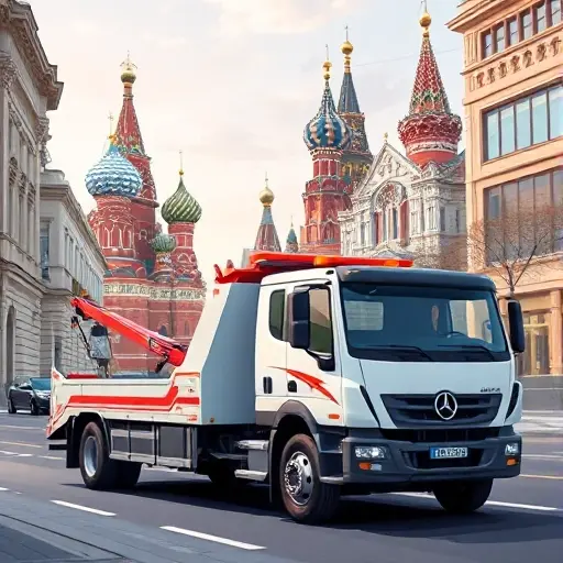 A realistic illustration of a modern tow truck parked on a Moscow street, with iconic city landmarks in the background, showing the vehicle's type and features, no text or lettering