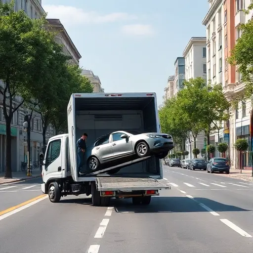 A realistic urban scene on a street called Alelya Letchikov, featuring a modern tow truck (evacuator) with its loading platform lowered, a driver assisting a small car being lifted onto the truck, surrounding city buildings, trees lining the avenue, and a clear sky, all depicted in a clean, detailed composition without any textual elements.