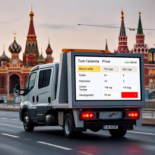 A modern tow truck parked on a Moscow street, its side-mounted digital screen displaying a price calculation interface composed of icons representing basic tariffs and additional options, but no text, letters, or numbers. The background features iconic Moscow architecture and a subtle city skyline, conveying the concept of calculating tow truck prices in Moscow without any textual elements.