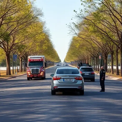 A realistic scene showing a car being towed on a wide, tree-lined avenue called Alley of Friendship of Peoples, with a tow truck and a police officer directing traffic, clear sky, orderly evacuation atmosphere, no visible text or signage
