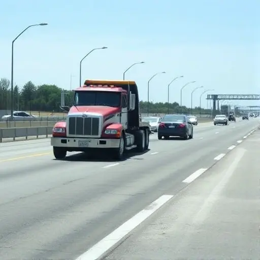 Эвакуация Автомобиля на 1-й Линии: Полное Руководство A tow truck pulling a car on a multi-lane highway, with a clear sky and no text, letters, or digits. The scene should focus on the tow truck and the towed vehicle, with no other cars, people, or signage visible.