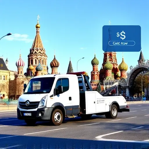стоимость услуг эвакуатора в москве A modern tow truck parked on a Moscow street with recognizable city landmarks such as the Kremlin dome and St. Basil's Cathedral in the background, under a clear sky. The scene conveys the concept of vehicle towing services in Moscow without any text or numbers, focusing on the truck, the cityscape, and a subtle hint of cost through visual elements like a price tag icon floating nearby, but without readable characters.