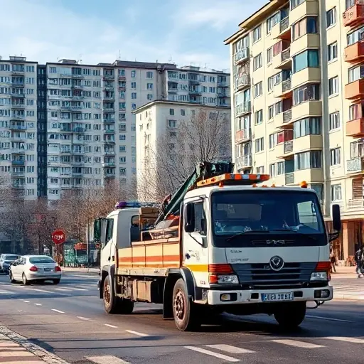 A realistic scene of a tow truck (evakuator) operating on a city street in the Orekhovo-Borisovo Yuzhnoye district, with typical Moscow apartment blocks, street signs, and a clear sky; the focus is on the vehicle and the urban environment, no people or text visible