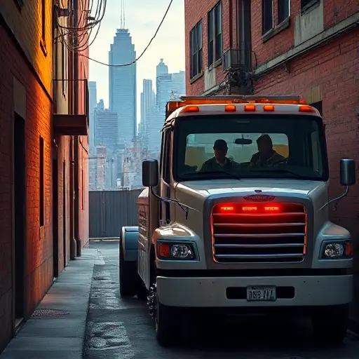 A tow truck parked on a narrow alleyway with a dispatcher in a small office, holding a phone, with a city skyline in the background, realistic lighting, no text or letters visible