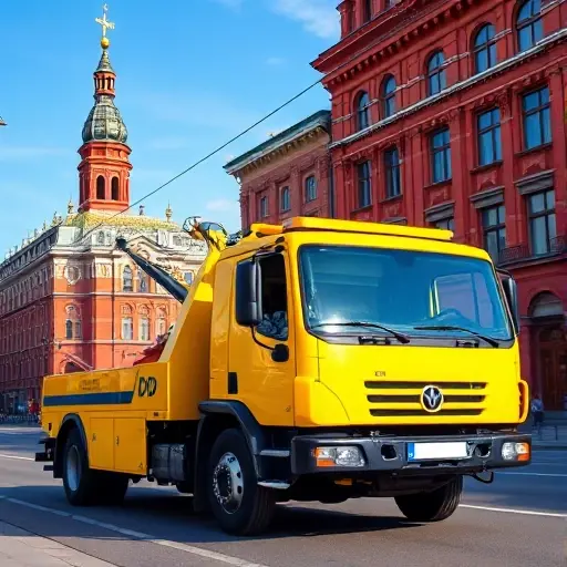 A bright yellow GIBDD tow truck parked on a Moscow street, with iconic red-brick buildings and a blue sky, no text