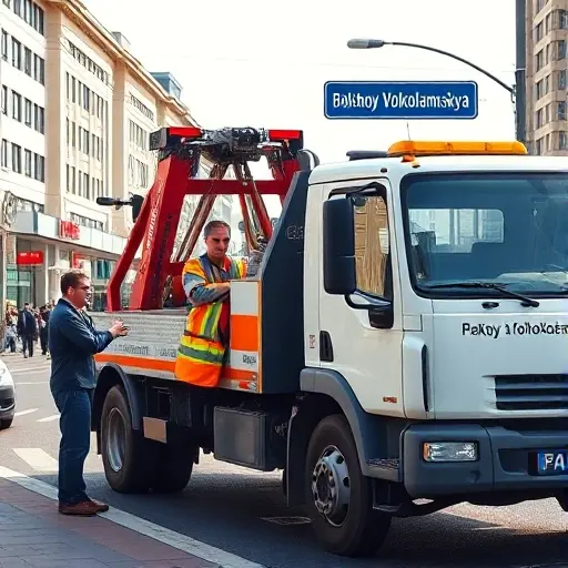 A friendly tow truck parked on a bustling city street, with a mechanic in a reflective vest leaning on the truck, offering advice to a passerby. The scene includes a clear view of the street name sign "Bolshoy Volokolamskaya" in the background, but no visible text or lettering on the image. The setting is daytime with a bright sky, and the atmosphere is welcoming and helpful.