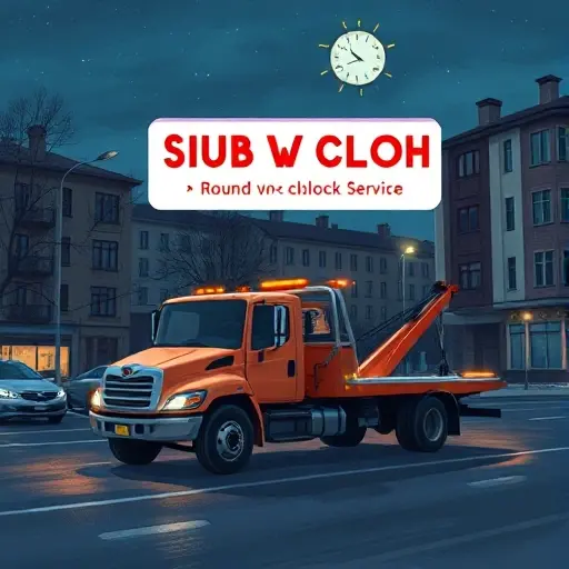 A realistic illustration of a tow truck operating at night in a Moscow residential area of the South‑Eastern Administrative Okrug, with city buildings, streetlights, and a sense of round‑the‑clock service, emphasizing affordability and reliability, without any text or signage