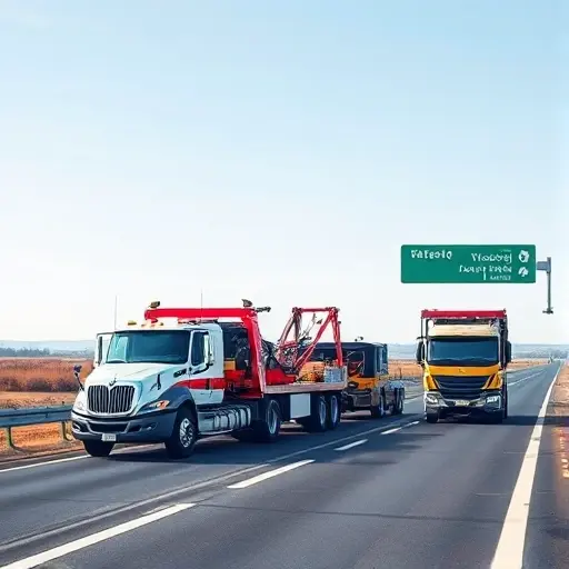 A realistic illustration of several types of tow trucks and recovery vehicles on a highway connecting Moscow and Vologda, showing a modern tow truck with a crane, a flatbed carrier, and a wheel‑lift unit positioned on a road with distant Russian landscape, under a clear sky, without any text or signage
