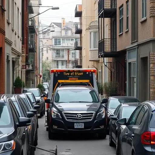 Эвакуация автомобилей в Аллее Жемчуговой: Полное руководство A realistic scene of a tow truck evacuating a car in a narrow urban alley called 'Alley of Pearl', with other parked cars, streetlights, and modest residential buildings in the background, showing the tow operation in progress, no text or signage