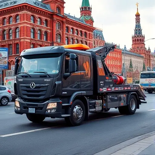 Специальный Эвакуатор Москва: Полное Руководство A sleek, modern specialized tow truck parked on a busy Moscow street, with iconic red brick buildings and a hint of the Kremlin silhouette in the background, under a clear sky. The scene captures the urban environment, showing the tow truck's robust design, large winch, and bright safety lights, without any text, letters, or digits.