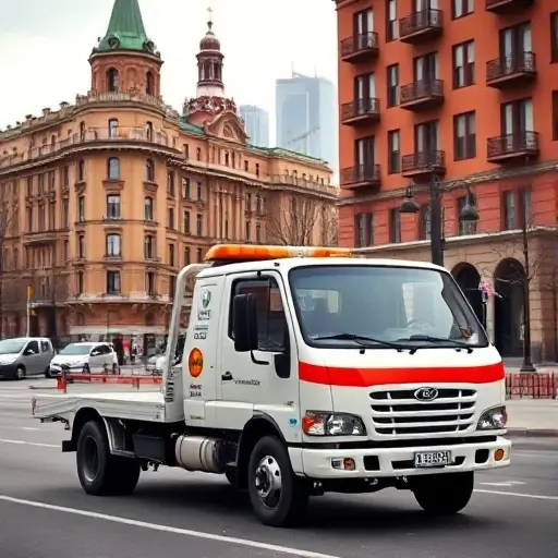 эвакуатор в москве недорого по реальным A realistic scene of a modest tow truck parked on a Moscow street, with recognizable city architecture such as historic buildings and modern apartments in the background, a subtle hint of the Moscow skyline, and a calm urban atmosphere; the tow truck should look functional and affordable, with no visible brand logos or text, and the focus should be on the vehicle and the city environment