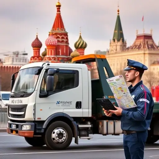 A tow truck parked near the Moscow Kremlin, with a person in a uniform holding a calculator and looking at a map of Moscow, all depicted without any text, letters, or digits