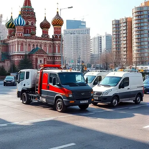 A realistic urban scene set in Moscow showing several types of tow trucks parked on a busy street: a flatbed tow truck with a low platform, a wheel‑lift tow truck with a visible hydraulic arm, and a compact integrated tow truck. Each tow truck is positioned next to a different vehicle—a sedan, an SUV, and a small hatchback—illustrating how each tow truck type matches various car sizes. The background features recognizable Moscow architecture such as a historic building with onion domes and modern high‑rise apartments, with subtle hints of the city skyline. The lighting is bright daylight, and the composition emphasizes the variety of tow trucks without any text, logos, or people.