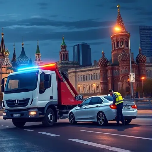A realistic illustration of a Moscow city street at night, illuminated by streetlights and city glow, featuring a modern tow truck with a flashing blue light (no visible text) parked beside a small sedan that has a flat tire. The tow truck driver, wearing a reflective safety vest, is leaning over the car, checking the wheel. In the background, recognizable Moscow architecture such as the Kremlin towers and high-rise buildings can be seen under a clear sky, conveying a 24/7 emergency service atmosphere.