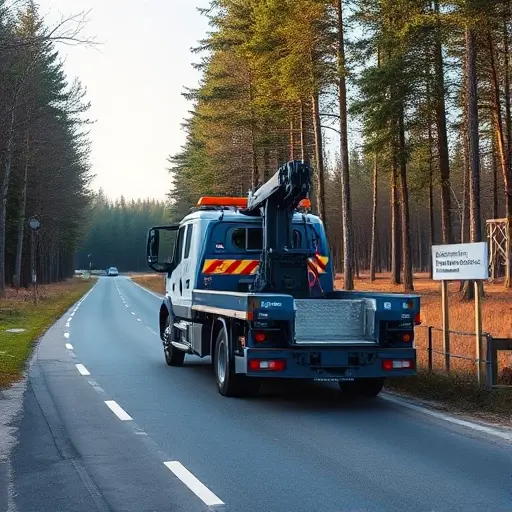 A realistic scene of a modern tow truck (evacuator) parked on a quiet paved road near a forested area, with a subtle signpost indicating the location Abramtsovskaya Proska in the background. The truck is blue and white with a crane, the road is lined with trees, the sky is clear, and the composition focuses on the vehicle and surroundings without any people or text.