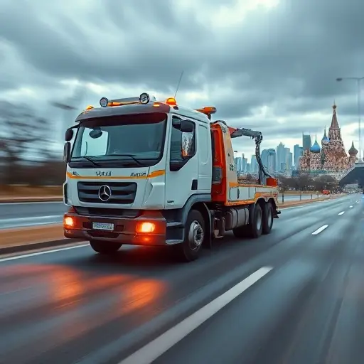 A realistic depiction of a tow truck speeding along a road in the Chimki district of Moscow, featuring a prominent speedometer showing high speed, dynamic motion blur, and a subtle hint of the Moscow skyline in the background, all rendered in a detailed, high-quality style.