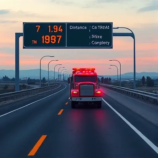 A tow truck on a highway between cities, with a road sign indicating distance, a floating price tag, and a subtle overlay of a complexity meter, all in a realistic style, no text