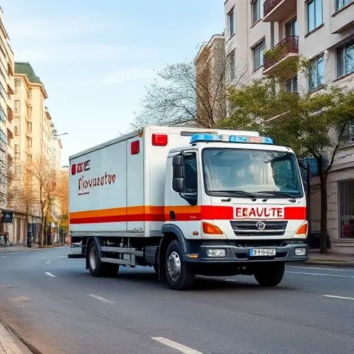 A realistic tow truck (evacuator) parked on a city street representing a typical avenue in Novogireevo, with surrounding urban buildings, trees, and a paved road, under a clear sky, without any text, signs, or logos