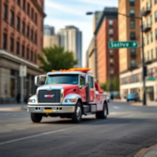 A realistic tow truck parked on a quiet urban street with typical city buildings in the background, street signs blurred, no visible text or numbers, under a clear sky, focusing on the vehicle and the street environment