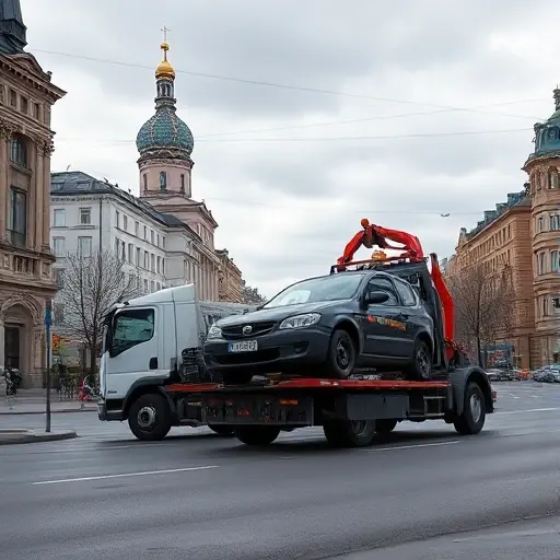 A realistic scene of a tow truck (evacuator) operating on a Moscow street, with typical Russian architecture in the background, the truck lifting a broken car, cityscape under a cloudy sky, no text or signage
