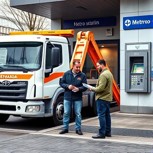 A tow truck parked near a Moscow metro station entrance, with a customer handing over documents to the tow truck operator. Both are looking at a clipboard while a metro ticket machine is visible in the background. The scene conveys the process of checking documents and paying for services, with no text or signage in the image.
