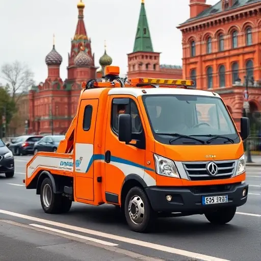услуги эвакуатора москва дешево A compact, modern tow truck with a bright orange and white color scheme parked on a busy Moscow street, with recognizable Moscow architecture such as the Kremlin domes and red brick buildings in the background, showing the truck's hook and lights, conveying affordable and reliable towing service