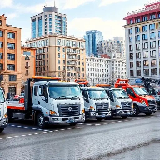 A realistic scene showing a variety of tow trucks (flatbed, wheel-lift, and integrated crane models) parked on a city street in Zelenograd, Moscow. The background features recognizable Moscow architecture with a mix of modern and historic buildings, and a clear sky. The focus is on the different types of tow trucks, each distinct in design, with subtle reflections on their surfaces, and a clean, professional atmosphere.