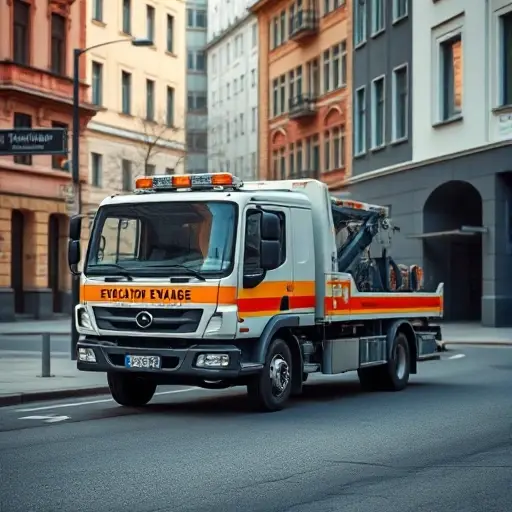 A realistic tow truck (evacuator) parked on a quiet urban street named 2nd Vyazovsky Passage, with surrounding buildings, streetlights, and a subtle hint of a narrow passageway; the scene is daytime with soft shadows, focusing on the vehicle and the street environment, without any visible text, letters, or numbers