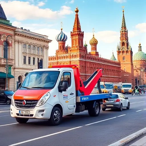 яндекс эвакуатор москва дешево A modern tow truck pulling a small car on a busy Moscow street, with recognizable Moscow architecture such as the Kremlin domes and red brick buildings in the background, under a clear sky. The scene conveys an affordable service, with the tow truck painted in Yandex's signature colors but without any logos or text.
