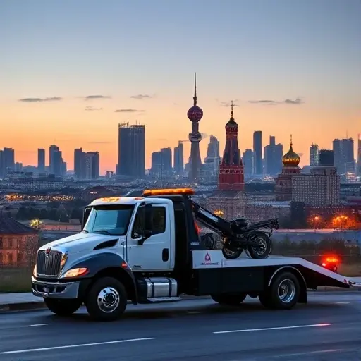 A tow truck parked in front of the Moscow skyline at dusk, with the surrounding cityscape of Moscow and the Moscow region visible, showing a clear, realistic depiction of the vehicle and urban environment, no text or signage