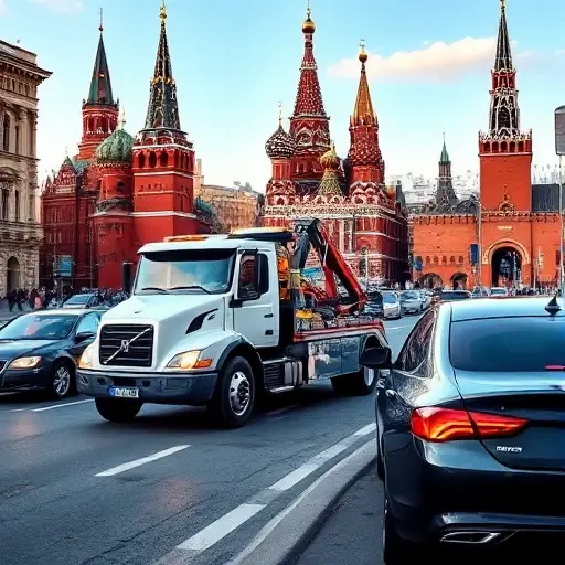 A realistic city scene of Moscow featuring a modern tow truck parked beside a sleek car on a busy street, with recognizable Moscow architecture such as the Kremlin towers and red brick buildings in the background, under a clear sky. The tow truck should be highlighted, showing its hook and lights, while the surrounding traffic and pedestrians are blurred to keep focus on the vehicle.