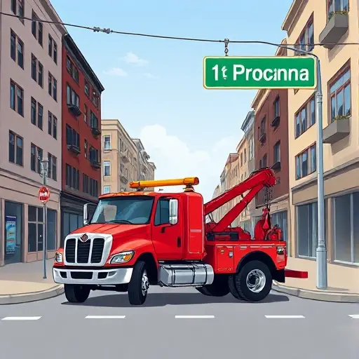 Эвакуатор на 1-й Прогонной улице: Полное руководство A realistic illustration of a tow truck parked on 1st Progonna Street, showing the street with typical urban buildings, a traffic sign indicating the street name, and a clear view of the truck's front and side, all without any textual elements