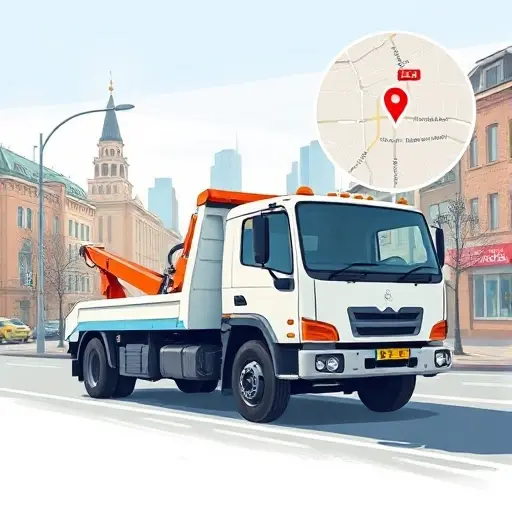 A realistic illustration of a tow truck parked on Bolshoy Volokolamskaya street in Moscow, with a subtle cityscape background and a faint overlay of a map pinpointing the exact location, all without any text or labels.