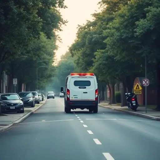 A tow truck (evacuator) positioned on a narrow, tree-lined street called Hungarian Lilac Avenue, with subtle visual elements indicating factors that affect price: distance markers along the road, silhouettes of various vehicle types (car, van, motorcycle) nearby, and obstacles such as a steep curb or narrow passage suggesting complexity, all rendered in a realistic smallHQ style without any text or signage.