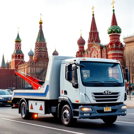A tow truck parked near a recognizable Moscow landmark, such as the Kremlin or Red Square, with a clear, modern design and a subtle indication of affordability (e.g., a small, tasteful price tag icon), all without any text or lettering. The scene should emphasize the relevance of tow services in Moscow, showing the truck in a busy urban setting with clear lighting and realistic details.