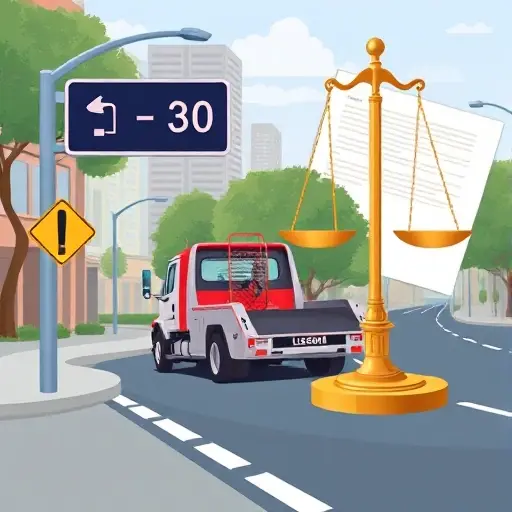 A realistic illustration of a tow truck on a city street with a road sign indicating distance, a balanced scale of justice subtly overlayed, and a legal document partially visible, all composed in a clean, professional manner without any text or lettering.