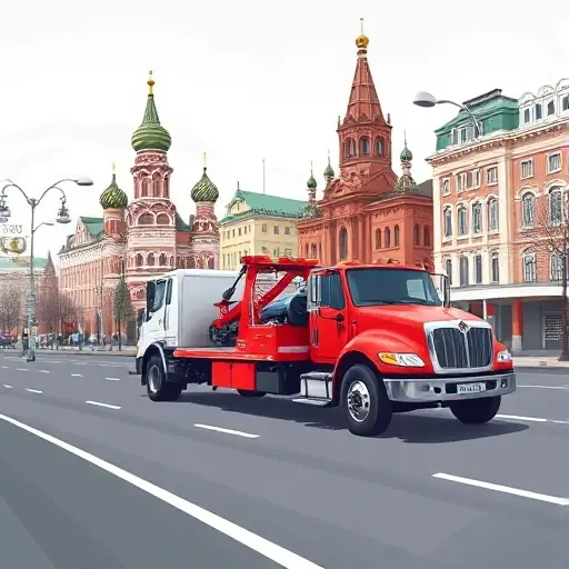 A realistic illustration of a tow truck in Moscow's Northern District, pulling a car on a city street with iconic Moscow architecture in the background, showing a clear view of the vehicle and the road, no text or signage visible.