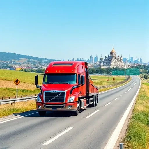 Эвакуатор Сергиев Посад – Москва: Полное Руководство по Услугам и Ценам A realistic illustration of a modern tow truck traveling on a highway that links the historic town of Sergiev Posad with the skyline of Moscow in the distance, showing rolling countryside, road signs without text, and a clear blue sky, emphasizing vehicle recovery service between the two cities.