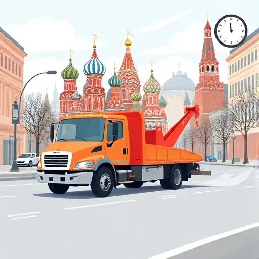 A realistic illustration of a tow truck driving through a recognizable Moscow street with iconic buildings such as the Kremlin silhouette in the background, a subtle clock element suggesting time, and visual cues hinting at distance and hourly payment, without any text, letters, or numbers